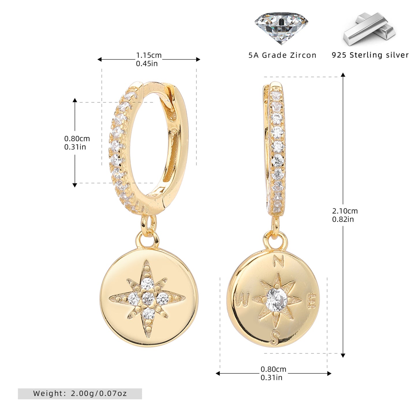 Pendientes de estrella de ocho puntas plata de ley